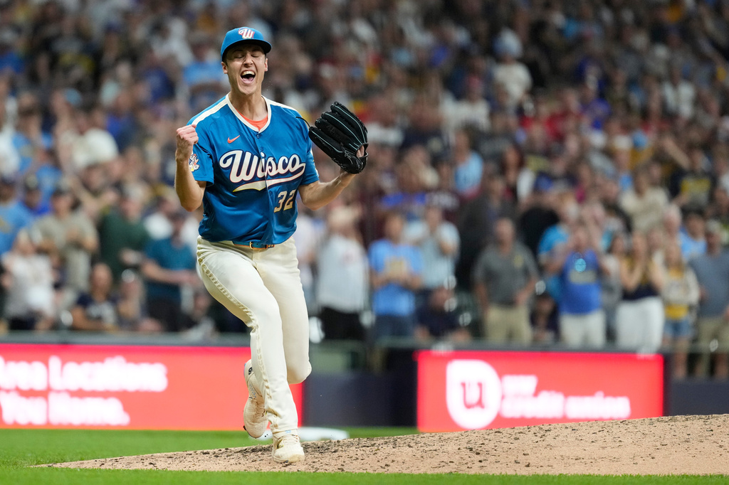 Milwaukee Brewers' Jacob Misiorowski reacts after recording the final out during the ninth inning of a baseball game against the Philadelphia Phillies, Friday, June 12, 2026, in Milwaukee. (AP Photo/Aaron Gash)
