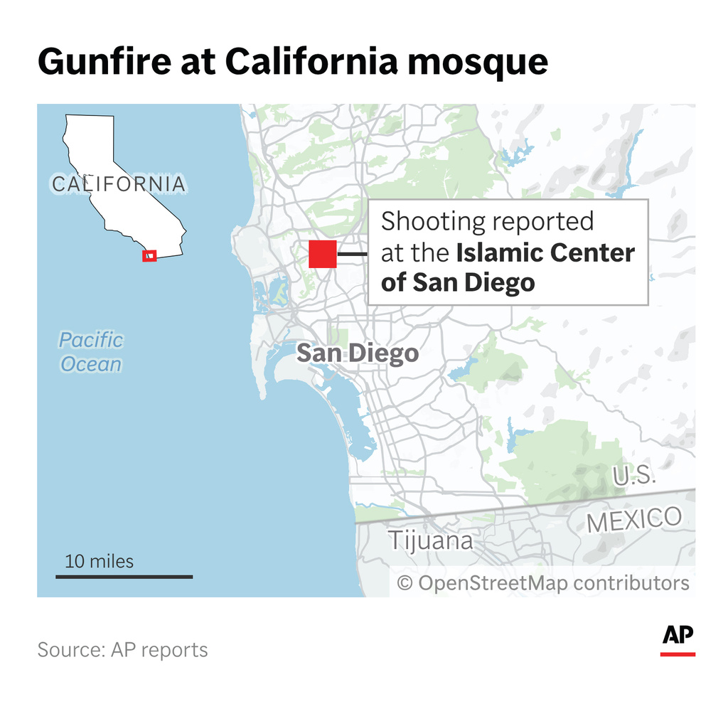 Police responded Monday to reports of gunfire at a San Diego mosque. (AP Digital Embed)