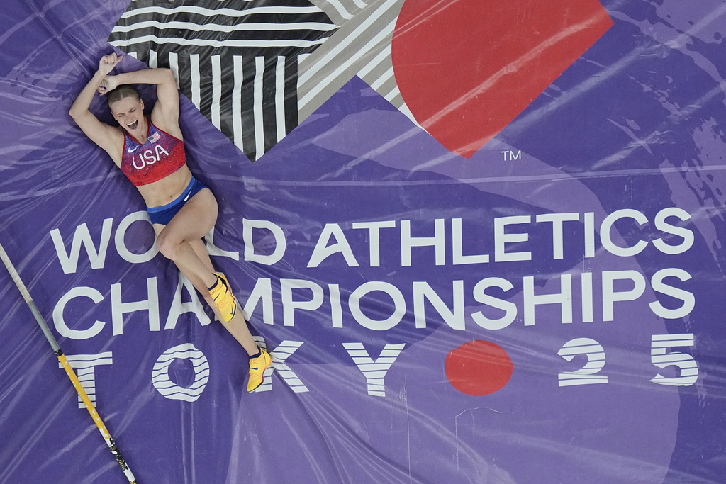 United States' Katie Moon celebrates after clearing a height to win the women's pole vault final at the World Athletics Championships in Tokyo, Wednesday, Sept. 17, 2025. (AP Photo/David J. Phillip)