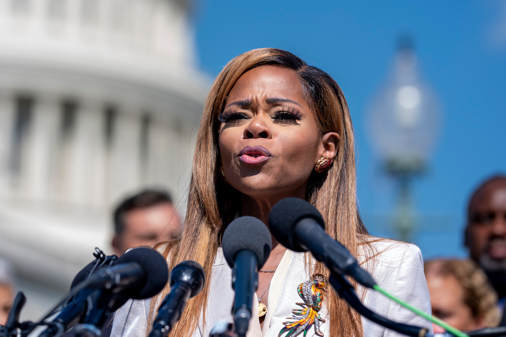 FILE - Rep. Sheila Cherfilus-McCormick, D-Fla., condemns hate speech and misinformation about Haitian immigrants, at the Capitol in Washington, Sept. 20, 2024. (AP Photo/J. Scott Applewhite, File)