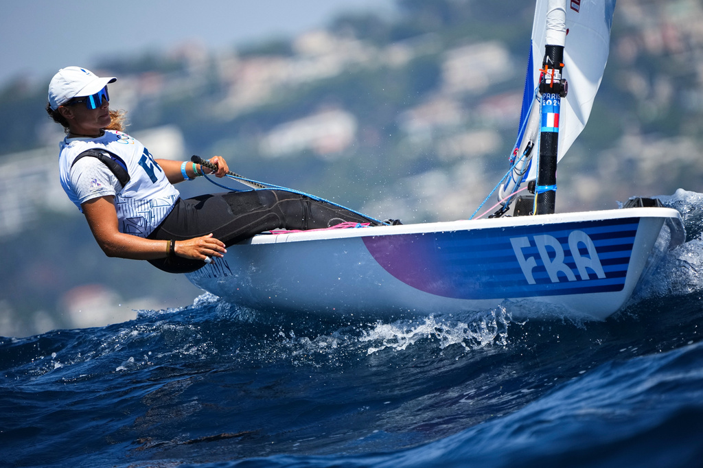 FILE - Louise Cervera of France practices before the start of the women's dinghy race during the 2024 Summer Olympics, Aug. 4, 2024, in Marseille, France. (AP Photo/Daniel Cole, File)
