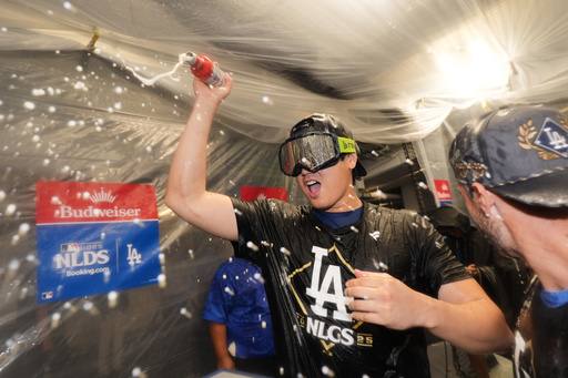 Los Angeles Dodgers' Shohei Ohtani celebrates after his team's win over the Philadelphia Phillies in Game 4 of baseball's National League Division Series Thursday, Oct. 9, 2025, in Los Angeles. (AP Photo/Jae C. Hong) Los Angeles Dodgers' Shohei Ohtani celebrates after his team's win over the Philadelphia Phillies in Game 4 of baseball's National League Division Series Thursday, Oct. 9, 2025, in Los Angeles. (AP Photo/Jae C. Hong)