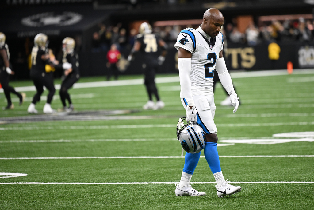 Carolina Panthers cornerback Mike Jackson (2) walks off the field after a loss in the second half of an NFL football game against the New Orleans Saints, Sunday, Dec. 14, 2025, in New Orleans. (AP Photo/Ella Hall)