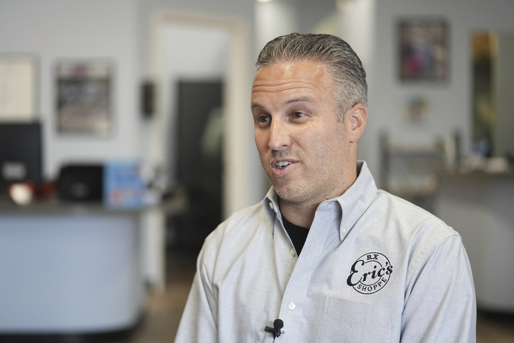 Marc Ost co-owner at Eric's Rx Shoppe speaks during an interview in Horsham, Pa., Tuesday, Sept. 2, 2025. (AP Photo/Matt Rourke)