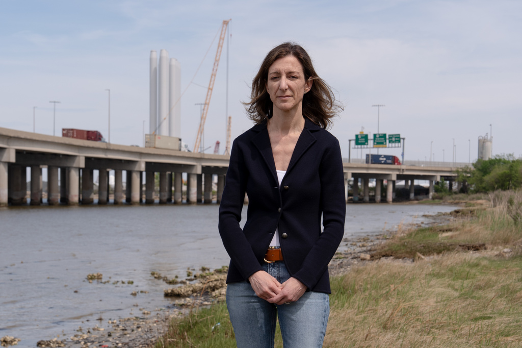 Former Rep. Elaine Luria, D-Va., poses for a photo near the Dominion Energy Offshore Wind Farm staging area Monday, April 13, 2026, in Portsmouth, Va. (AP Photo/Julia Demaree Nikhinson)