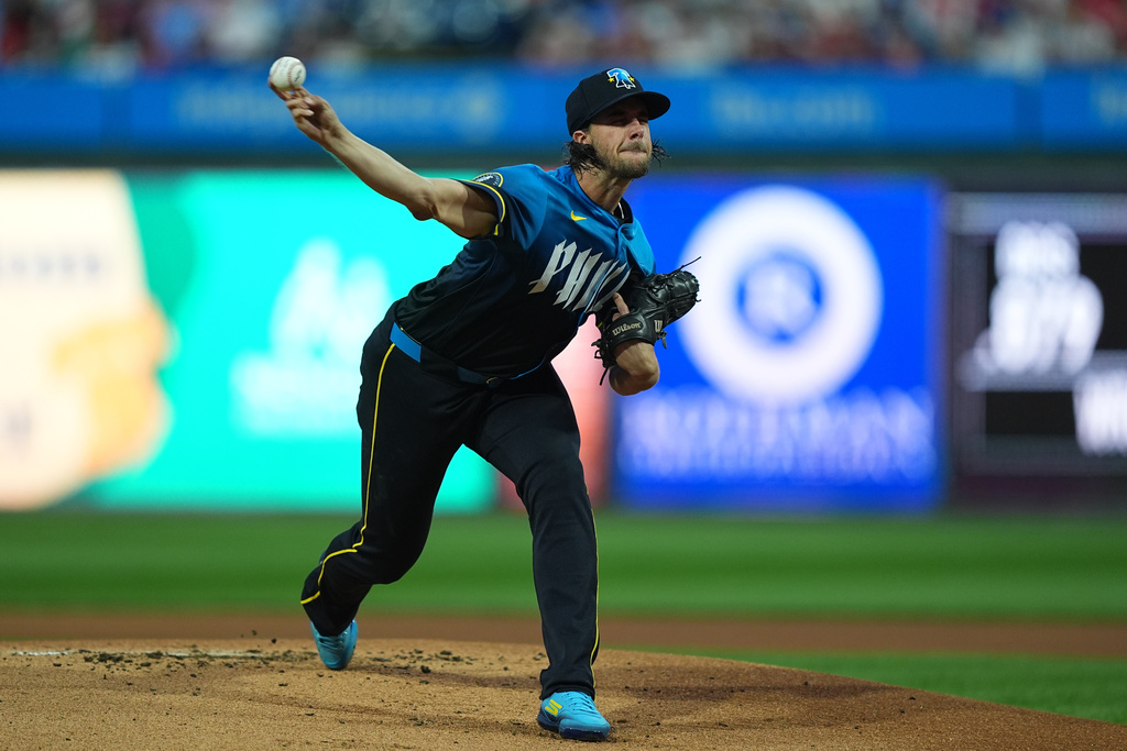 Philadelphia Phillies' Aaron Nola pitches during the first inning of a baseball game against the Minnesota Twins, Friday, Sept. 26, 2025, in Philadelphia. (AP Photo/Matt Rourke)