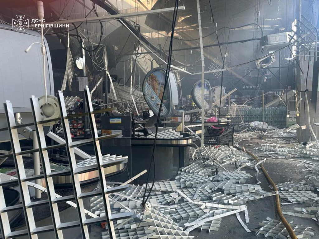 This photo provided by the Ukrainian Emergency Service shows a damaged supermarket after Russian drone strikes in Chernihiv, Ukraine, Sunday, July 26, 2026. (Ukrainian Emergency Service via AP)