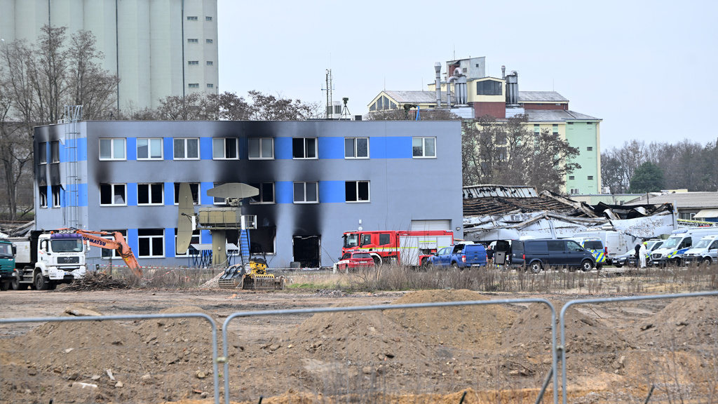 The exterior of the industrial zone where a storage hall burned down is seen in Pardubice, Czech Republic, Friday, March 20, 2026. (Vostarek Josef/CTK via AP)