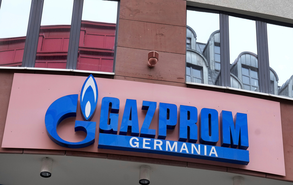 FILE - The logo of 'Gazprom Germania' is pictured at the company's headquarters in Berlin, Germany, Wednesday, April 6, 2022. (AP Photo/Michael Sohn, file)