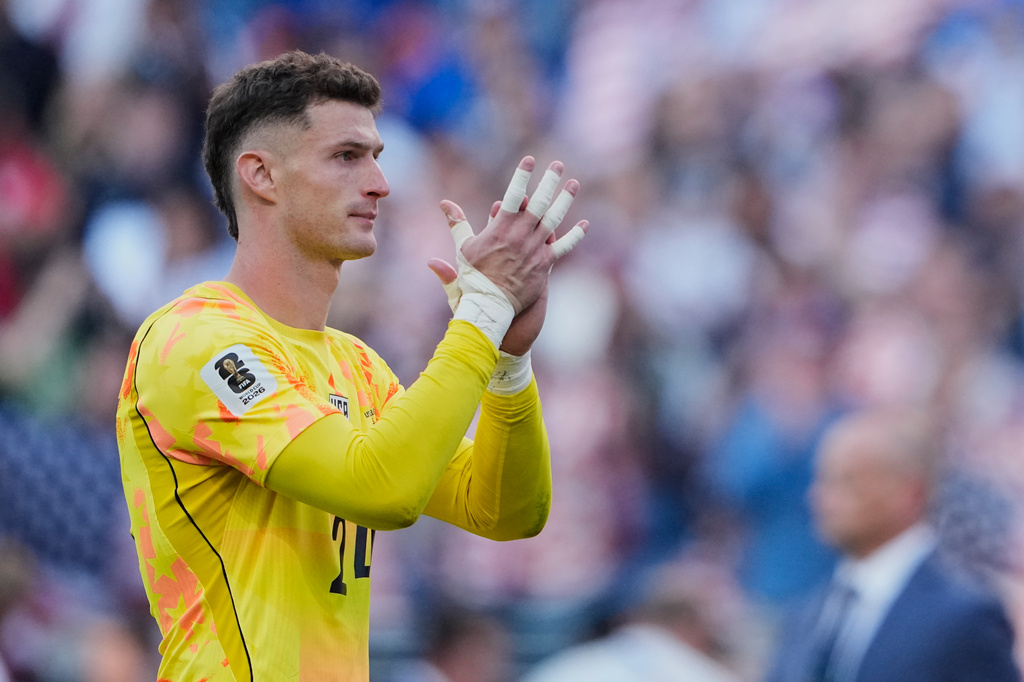 United States goalkeeper Matt Freese (24) reacts following the World Cup round of 16 soccer match between the United States and Belgium in Seattle, Monday, July 6, 2026. (AP Photo/Lindsey Wasson)