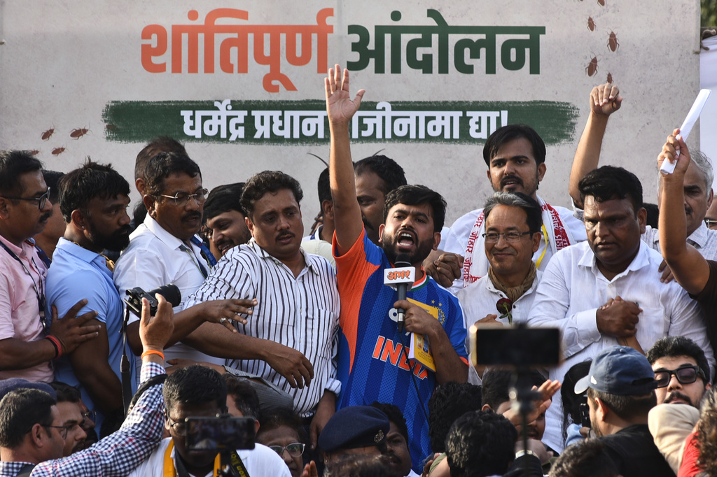 Abhijeet Dipke, center, founder of the Cockroach Janta Party, addresses his supporters after launching a nationwide protest campaign in Pune, India, Thursday, June 11, 2026. (AP Photo/Mahendra Kolhe)