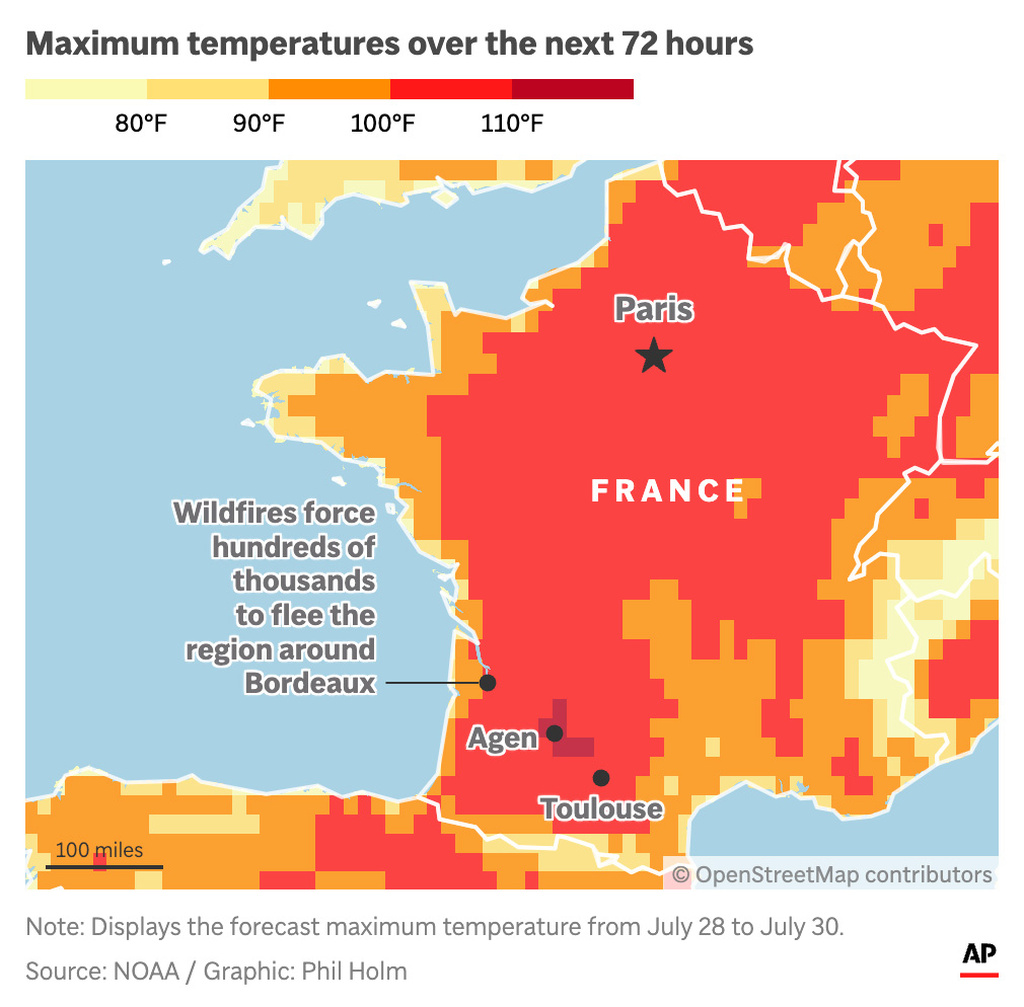 The map above shows extent of France's high temperatures from July 28-30. (AP Digital Embed)