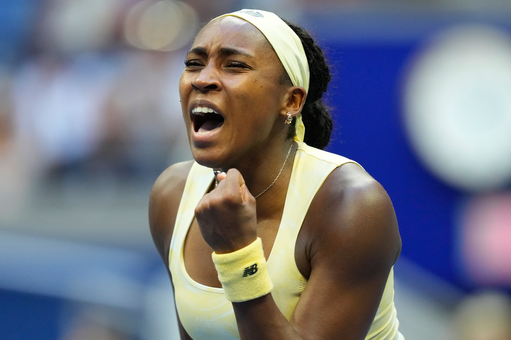 Coco Gauff, of the United States, reacts after she won her match against Cristina Bucsa, of Spain, during the third round of the U.S. Open tennis championships Saturday, Sept. 5, 2026, in New York. (AP Photo/Yuki Iwamura)