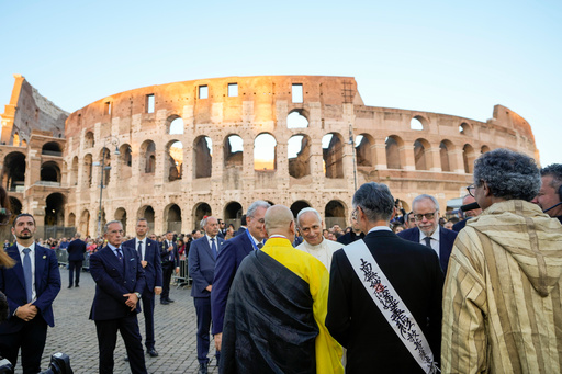 Pope Leo XIV attends an inter-religious meeting to pray for peace outside the Colosseum in Rome, Tuesday, Oct. 28, 2025. (AP Photo/Gregorio Borgia) Pope Leo XIV attends an inter-religious meeting to pray for peace outside the Colosseum in Rome, Tuesday, Oct. 28, 2025. (AP Photo/Gregorio Borgia)