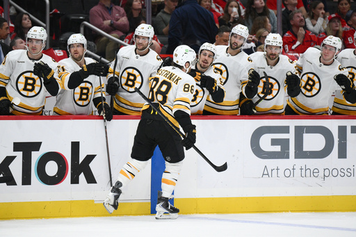 Boston Bruins right wing David Pastrnak (88) celebrates his goal during the second period of an NHL hockey game against the Washington Capitals, Wednesday, Oct. 8, 2025, in Washington. (AP Photo/Nick Wass) Boston Bruins right wing David Pastrnak (88) celebrates his goal during the second period of an NHL hockey game against the Washington Capitals, Wednesday, Oct. 8, 2025, in Washington. (AP Photo/Nick Wass)
