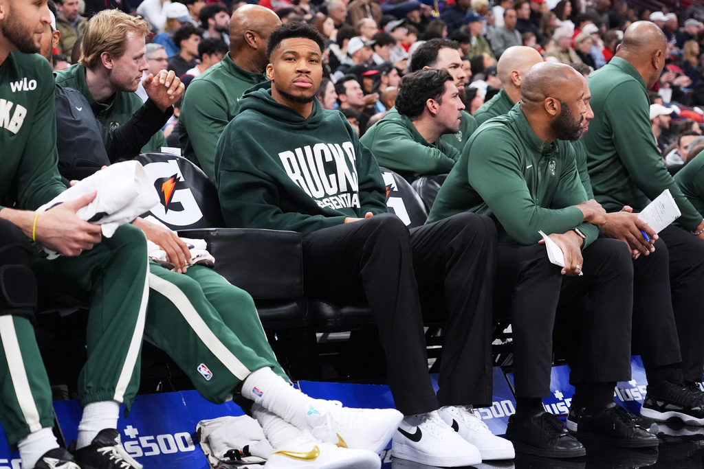 Milwaukee Bucks forward Giannis Antetokounmpo watches teammates during the first half of an NBA basketball game against the Chicago Bulls in Chicago, Sunday, March 1, 2026. (AP Photo/Nam Y. Huh)