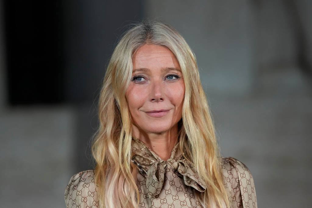 Gwyneth Paltrow arrives for the premiere of the short film "The Tiger," directed by Spike Jonze and Halina Reijn, featuring the first looks by Gucci's new creative director, Demna, in Milan, northern Italy, Tuesday, Sept. 23, 2025. (AP Photo/Luca Bruno)
