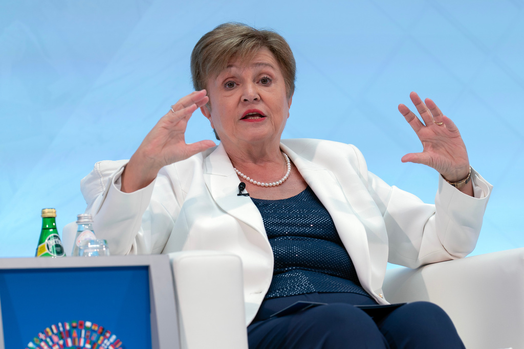 International Monetary Fund (IMF) Managing Director Kristalina Georgieva speaks at The Future of Finance conference during the World Bank/IMF Annual Meetings at the International Monetary Fund (IMF) headquarters in Washington, Tuesday, Oct. 14, 2025. (AP Photo/Jose Luis Magana)
