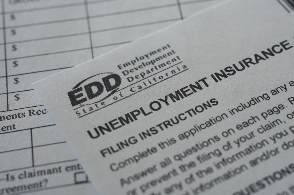 A California unemployment benefits form is shown Wednesday, July 8, 2026, in Detroit. (AP Photo/Paul Sancya)