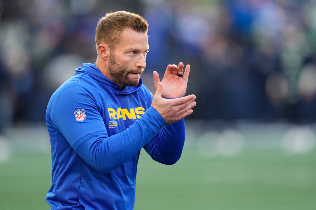 Los Angeles Rams head coach Sean McVay reacts as players warm up before the NFC Championship NFL football game against the Seattle Seahawks, Sunday, Jan. 25, 2026, in Seattle. (AP Photo/Stephen Brashear)