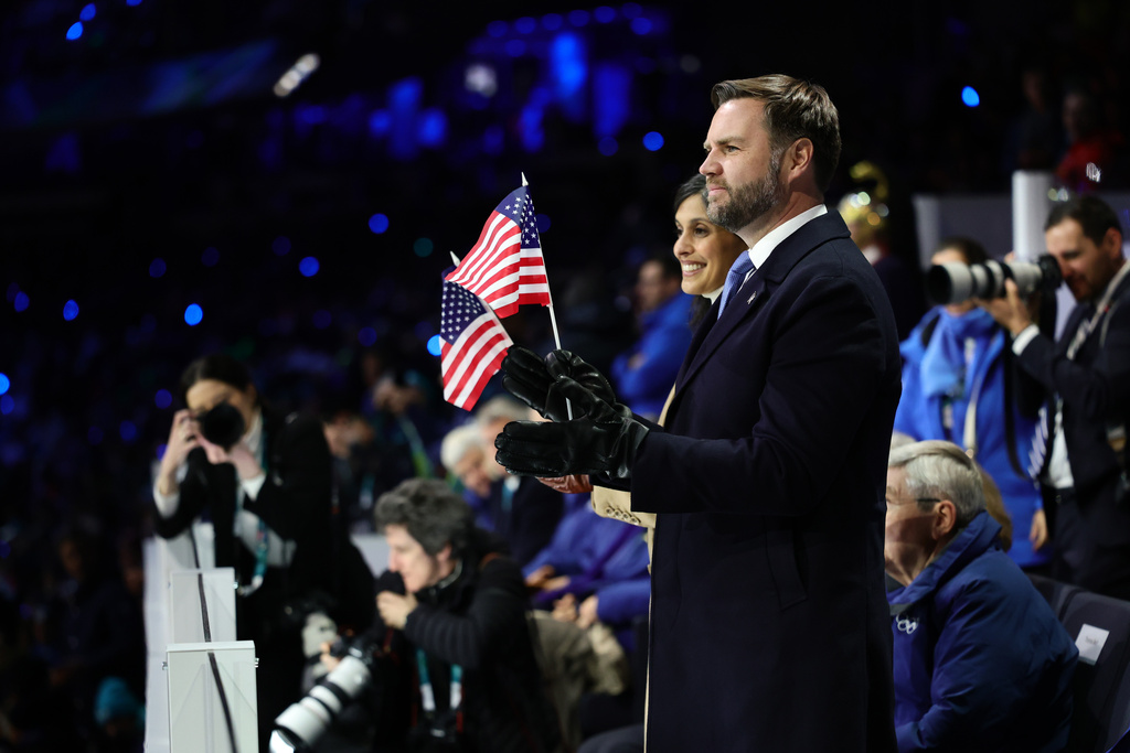 US Vice President JD Vance and second lady Usha Vance attend the Olympic opening ceremony at the 2026 Winter Olympics, in Milan, Italy, Friday, Feb. 6, 2026. (Andreas Rentz/Pool Photo via AP)
