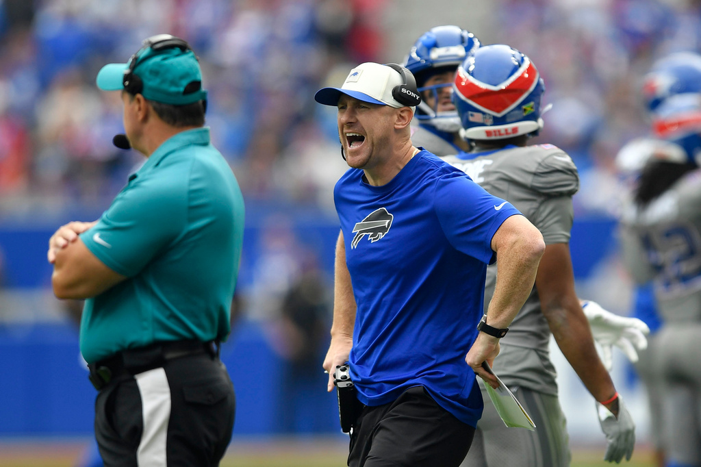 Buffalo Bills head coach Joe Brady qeustions a call during the first half of an NFL football game against the Los Angeles Chargers, Sunday, Sept. 27, 2026, in Orchard Park, N.Y. (AP Photo/Adrian Kraus)