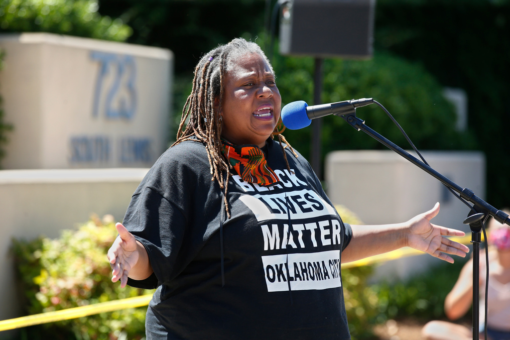 FILE - The Rev. T. Sheri Dickerson, a co-founder of Black Lives Matter in Oklahoma City, speaks during a rally outside the Stillwater Police Department in Stillwater, Okla., June 3, 2020, to protest the death of George Floyd, a black man who died after being restrained by Minneapolis police officers on May 25. (AP Photo/Sue Ogrocki, File)