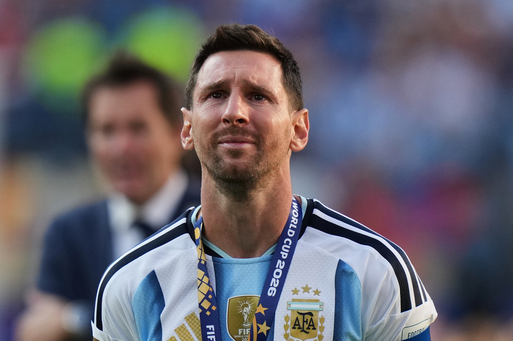 FILE - Argentina's Lionel Messi cries at the end of the World Cup final soccer match with Spain in East Rutherford, N.J., near New York, July 19, 2026. (AP Photo/Stephanie Scarbrough, File)