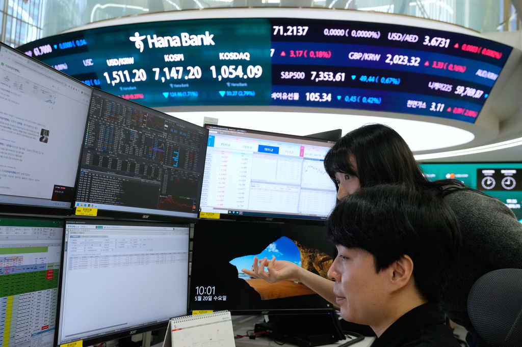 Currency traders watch monitors at the foreign exchange dealing room of the Hana Bank headquarters in Seoul, South Korea, Wednesday, May 20, 2026. (AP Photo/Ahn Young-joon)