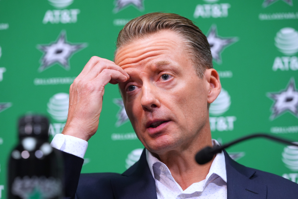 Dallas Stars head coach Glen Gulutzan speaks during media availability Monday, May 4, 2026, in Frisco, Texas. (AP Photo/LM Otero)