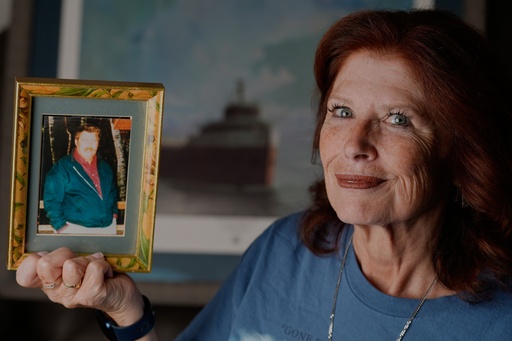 Deb Felder holds up a picture of her father who died on the Edmund Fitzgerald Monday, Oct. 20, 2025, in her home in Nashotah, Wis. (AP Photo/Morry Gash) Deb Felder holds up a picture of her father who died on the Edmund Fitzgerald Monday, Oct. 20, 2025, in her home in Nashotah, Wis. (AP Photo/Morry Gash)