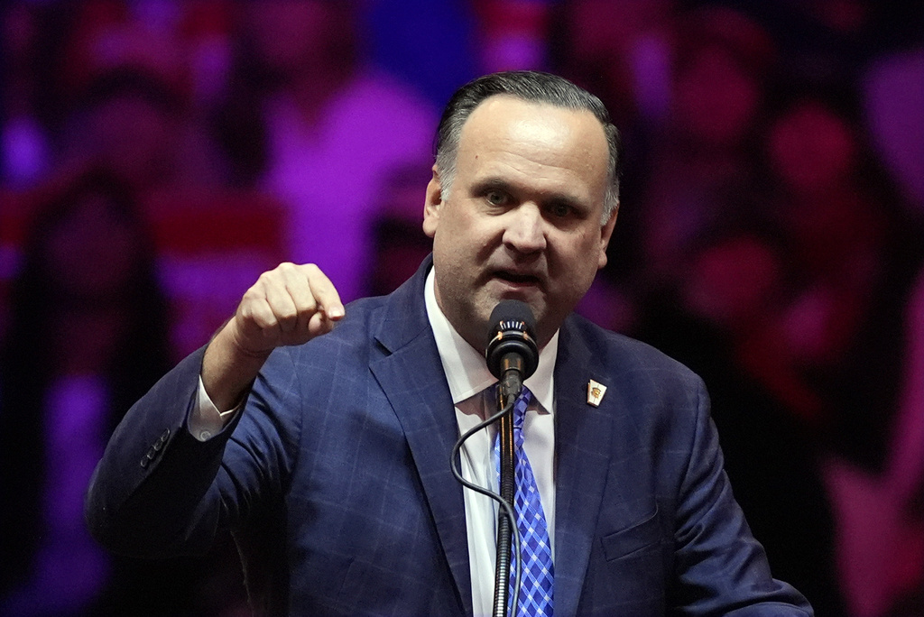 Dan Scavino speaks before Republican presidential nominee former President Donald Trump at a campaign rally at Madison Square Garden, Sunday, Oct. 27, 2024, in New York. (AP Photo/Evan Vucci)