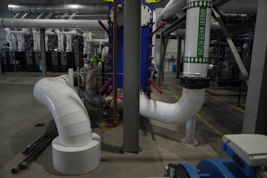 A wastewater heat recovery system operates Tuesday, Dec. 2, 2025, at the National Western Center in Denver. (AP Photo/Brittany Peterson)