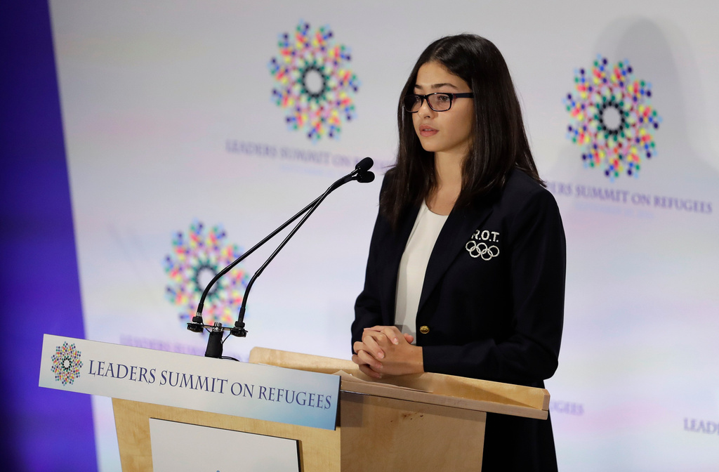 FILE - Yusra Mardini, a swimming for the Refugee Olympic Team, speaks during the Leaders Summit on Refugees during the 71st session of the United Nations General Assembly at UN headquarters, Tuesday, Sept. 20, 2016. (AP Photo/Carolyn Kaster, File)