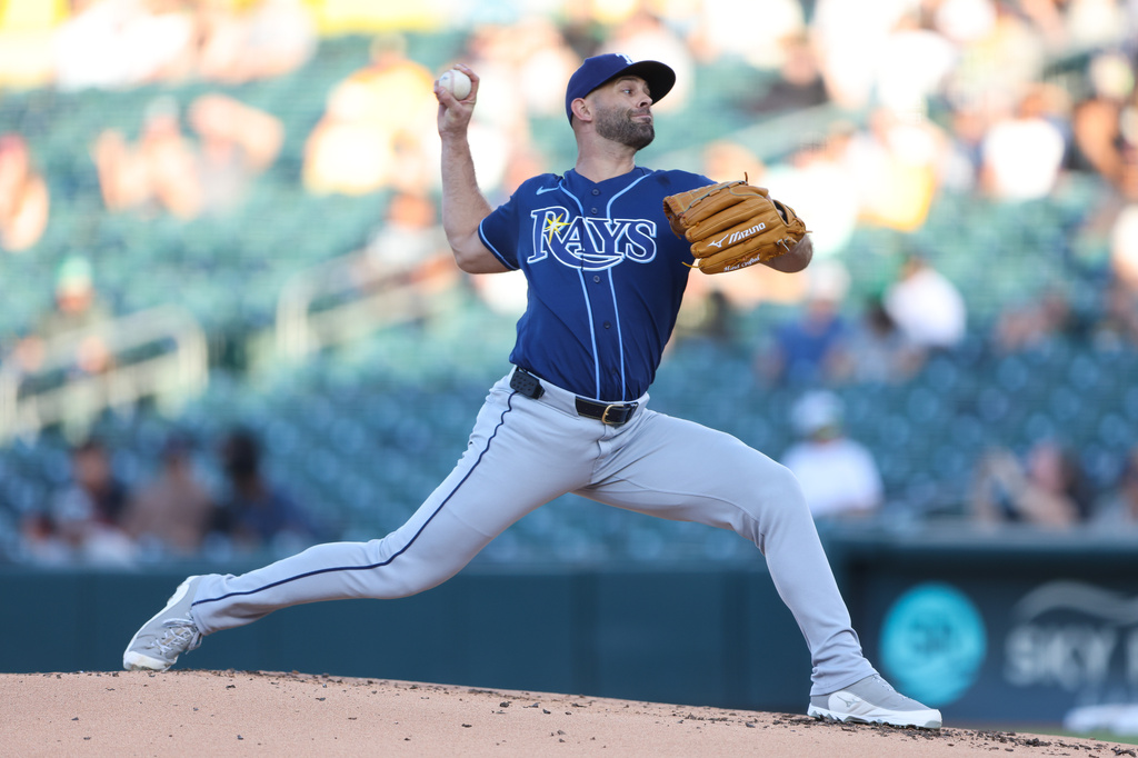 Tampa Bay Rays pitcher Nick Martinez throws to an Athletics batter during the first inning of a baseball game Tuesday, Aug. 11, 2026, in West Sacramento, Calif. (AP Photo/Scott Marshall)