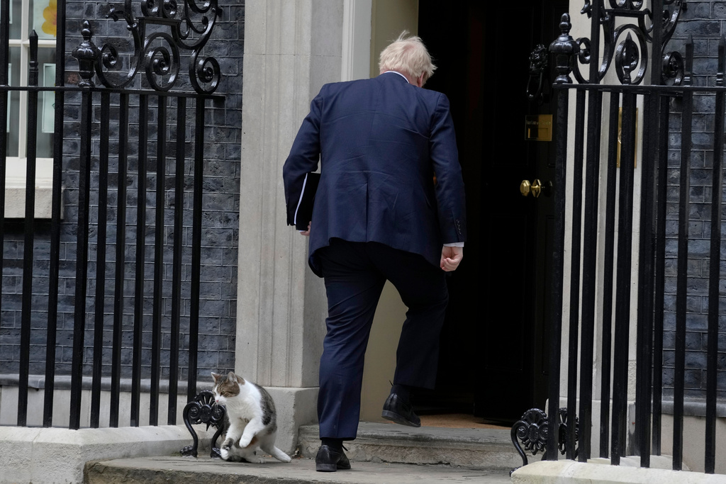 FILE - Larry the Cat, Britain's Chief Mouser to the Cabinet Office moves out of the way as Britain's Prime Minister Boris Johnson enters 10 Downing Street after attending a press conference with German Chancellor Olaf Scholz in London, Friday, April 8, 2022. (AP Photo/Kirsty Wigglesworth, File)