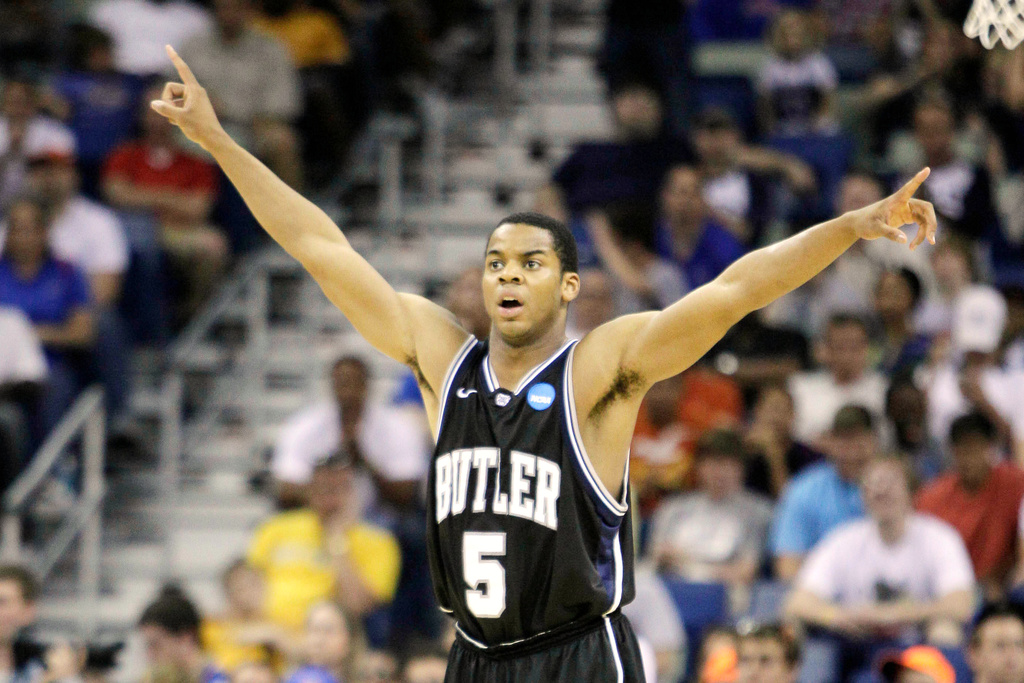 FILE - Butler's Ronald Nored (5) reacts during the second half of the NCAA Southeast regional college basketball championship game Saturday, March 26, 2011, in New Orleans. (AP Photo/Patrick Semansky, File)