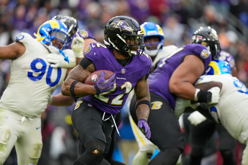 Baltimore Ravens running back Derrick Henry Los Angeles Rams during the second half of an NFL football game Sunday, Oct. 12, 2025, in Baltimore. (AP Photo/Stephanie Scarbrough)