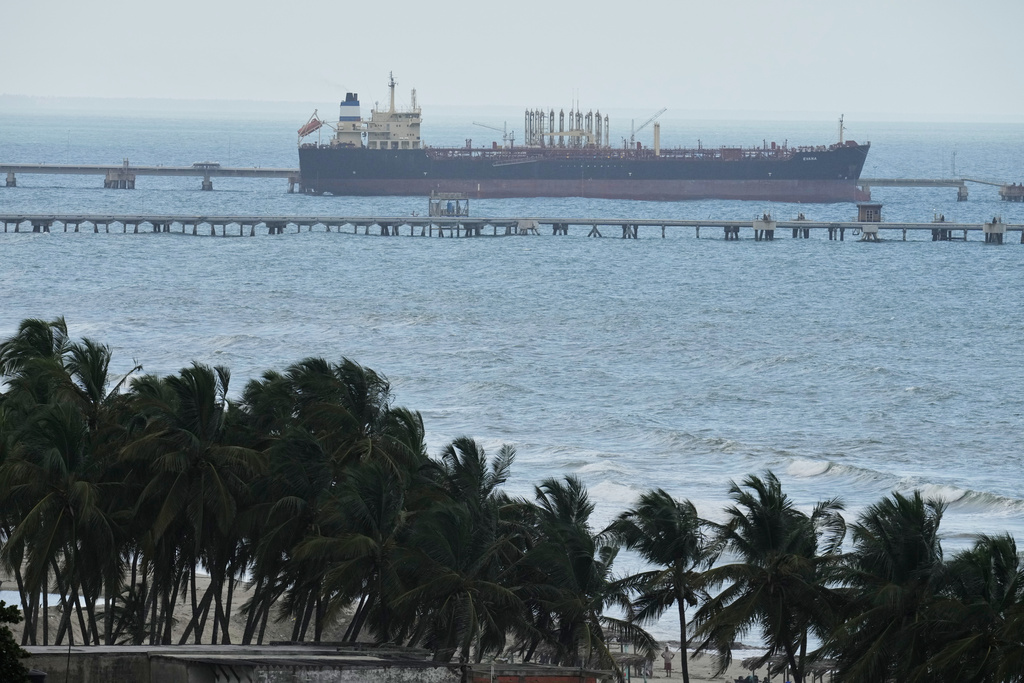 Evana, an oil tanker, is docked at El Palito port in Puerto Cabello, Venezuela, Sunday, Dec. 21, 2025. (AP Photo/Matias Delacroix)