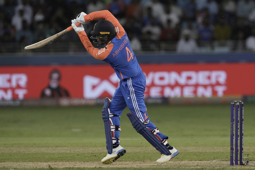 India's Abhishek Sharma plays a shot during the Asia Cup Cricket match between United Arab Emirates and India at Dubai International Cricket stadium in Dubai, United Arab Emirates, Wednesday, Sept. 10, 2025. (AP Photo/Fatima Shbair)