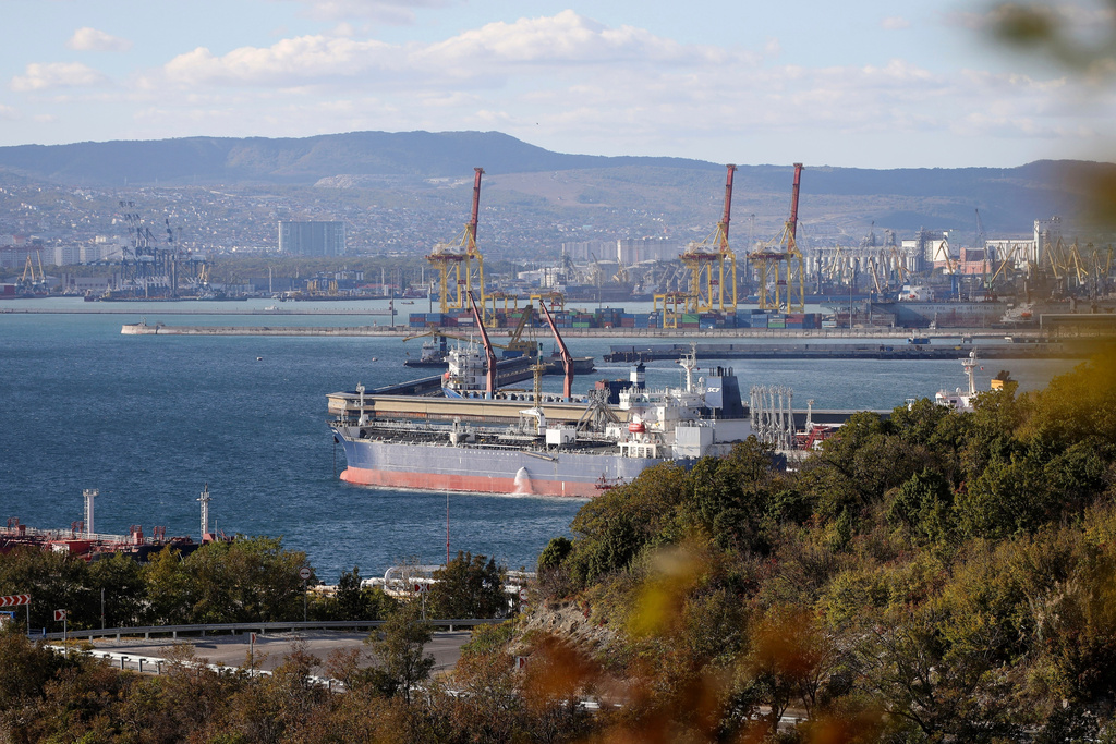 FILE - An oil tanker is moored at the Sheskharis oil and petroleum complex on the Black Sea port of Novorossiysk, Russia, Oct. 11, 2022. (AP Photo, File)