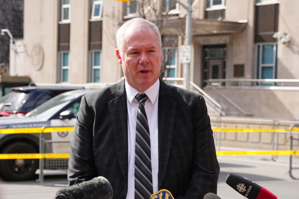 Chief Superintendent Chris Leather, officer in charge of criminal operations for the Royal Canadian Mounted Police, speaks outside the U.S. consulate during a news conference in Toronto, Tuesday March 10, 2026. (Frank Gunn/The Canadian Press via AP)