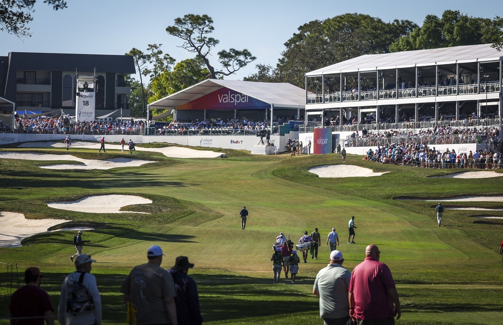 Brandt Snedeker and Gary Woodland make thier way up the fairway on the 18th hole during the third round of the Valspar Championship golf tournament, Saturday, March 21, 2026, in Palm Harbor, Fla. (Chris Urso/Tampa Bay Times via AP)