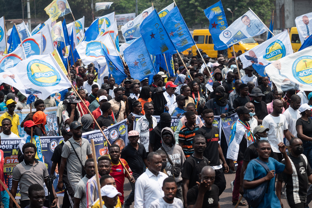 People march during a protest organized by opposition parties against constitutional changes proposed by President Felix Tshisekedi, in Kinshasa, Congo, Tuesday, Sept. 15, 2026. (AP Photo/Samy Ntumba Shambuyi)