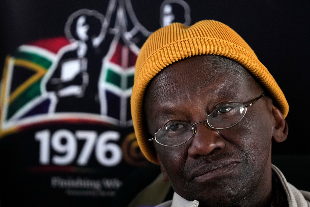 Seth Mazibuko, a former student leader involved in the 1976 Soweto student movement, takes a question during a media briefing at the June 16 Memorial Acre, in Soweto, South Africa, Monday, June 15, 2026. (AP Photo/Themba Hadebe)