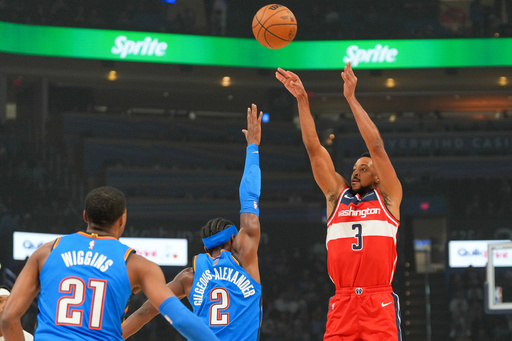 Washington Wizards guard CJ McCollum (3) shoots over Oklahoma City Thunder guards Shai Gilgeous-Alexander (2) Aaron Wiggins (21) during the first half of an NBA basketball game, Thursday, Oct. 30, 2025, in Oklahoma City. (AP Photo/Kyle Phillips) Washington Wizards guard CJ McCollum (3) shoots over Oklahoma City Thunder guards Shai Gilgeous-Alexander (2) Aaron Wiggins (21) during the first half of an NBA basketball game, Thursday, Oct. 30, 2025, in Oklahoma City. (AP Photo/Kyle Phillips)