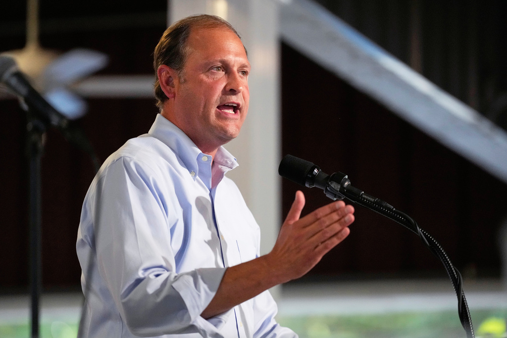 FILE - Rep. Andy Barr, R-Ky., speaks at the annual Fancy Farm picnic, Aug. 2, 2025, in Fancy Farm, Ky. (AP Photo/Mark Humphrey, File)