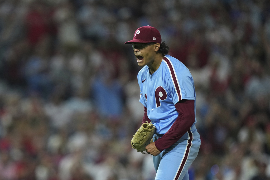 Philadelphia Phillies pitcher Jesús Luzardo reacts after completing the eighth inning of a baseball game against the New York Mets, Thursday, Sept. 11, 2025, in Philadelphia. (AP Photo/Matt Rourke)
