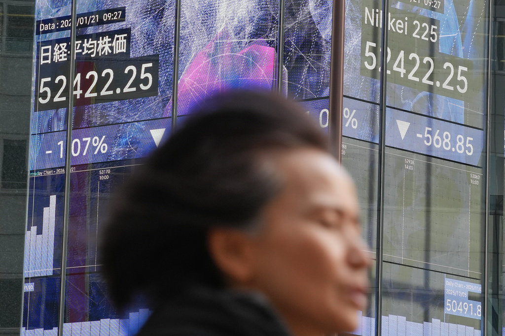 A person walks in front of an electronic stock board showing Japan's Nikkei index at a securities firm Wednesday, Jan. 21, 2026, in Tokyo. (AP Photo/Eugene Hoshiko)