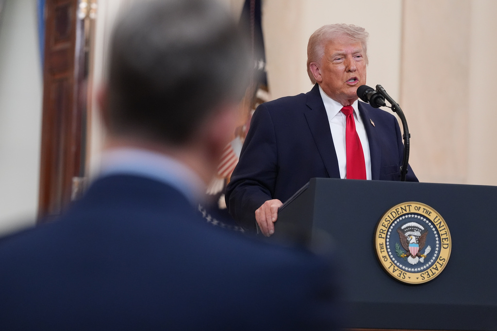 President Donald Trump speaks about the Iran war from the Cross Hall of the White House on Wednesday, April 1, 2026, in Washington. (AP Photo/Alex Brandon, Pool)